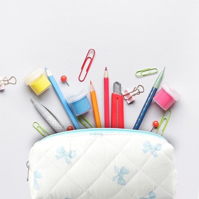 Sherr Coquette Bow Pencil Case Blue Bow Cute Pencil Pouch Soft Cotton Storage Bag Aesthetic Pattern Gift Makeup Pouch Cosmetic Bag for Women Adults