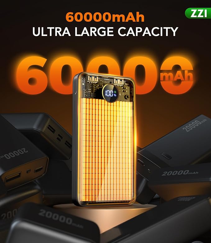 Portable Charger Power Bank, 60000mAh Battery Pack with 3 in 1 USB-C/iOS/Micro-USB Cable, 22.5W Fast Charging Portable Phone Charger, Travel Camping Essential Powerbank for iPhone 17/16 Samsung,Sky