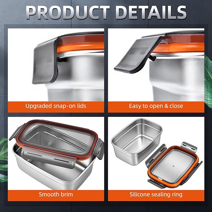 Stainless Steel Airtight Food Storage & Bento Lunch Box Set of 6 - Leakproof Seal, Dishwasher & Freezer Safe, Stackable, 3 Sizes (19.4/38.8/67oz) for Meal Prep, Work, Travel