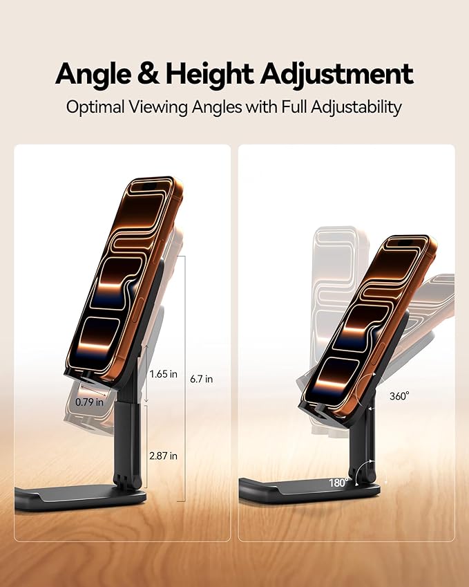 2 Pack Cell Phone Stand for Desk, iPad Stand [Height Adjustable & Upgraded Stable Base] Foldable & Non-Slip Silicone Pad Phone Holder, iPhone Stand for All Smartphones, iPad | Office Desk Accessories