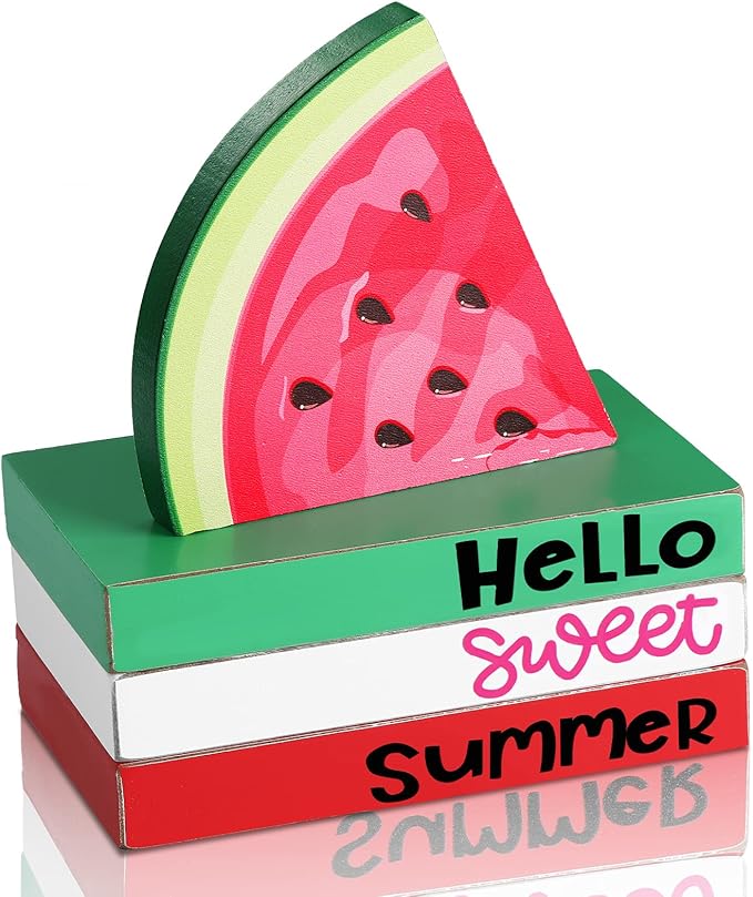 Yulejo 4 Piece Summer Watermelon Table Decor Hello Sweet Summer Book Table Centerpieces Farmhouse Wooden Watermelon Tiered Tray Stacked Book Decor for Home Office Kitchen