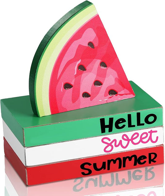 Yulejo 4 Piece Summer Watermelon Table Decor Hello Sweet Summer Book Table Centerpieces Farmhouse Wooden Watermelon Tiered Tray Stacked Book Decor for Home Office Kitchen