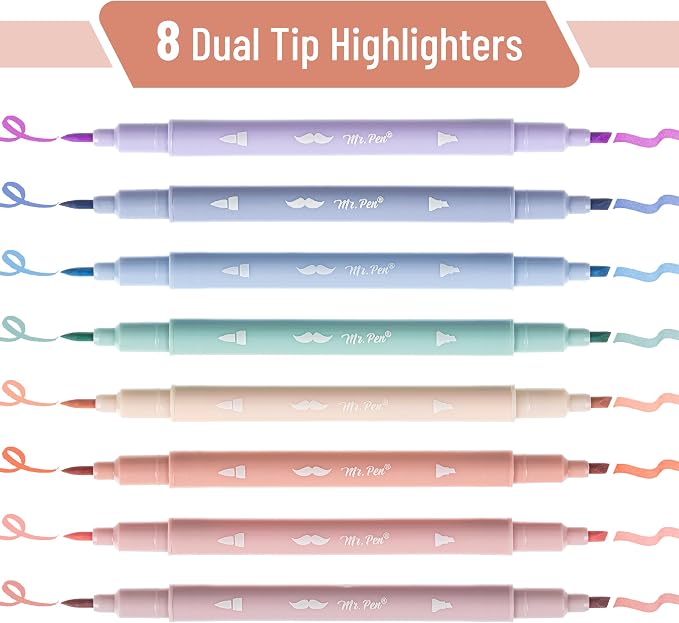 Mr. Pen- Dual Tip Aesthetic Bible Highlighters No Bleed Through, 8 pcs | Chisel & Brush Tip, Cute Highlighter for Journaling Supplies and School Accessories, Bible Highlighters and Pens No Bleed