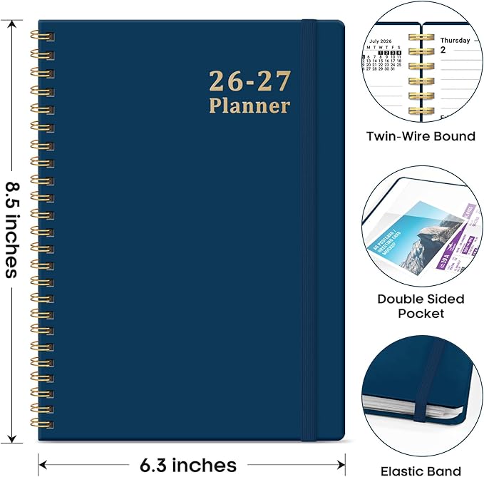 Planner 2026-2027, 6.3" x 8.5" Weekly and Monthly Academic Year Planner Calendar, July 2026 - June 2027, Hardcover Large School Planning Agenda With Tabs, Perfect for School & Office Supplies, A5, Navy Blue
