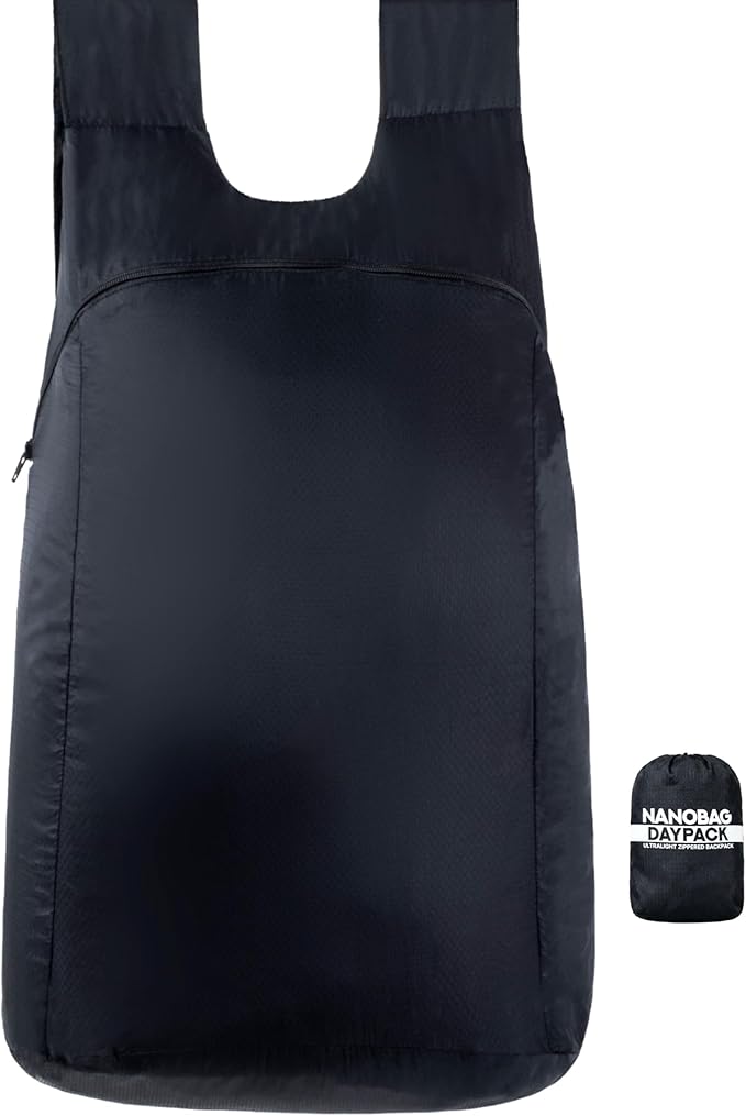 Nanobag Daypack - Ultralight 16L Foldable Travel & Hiking Backpack, Reusable, Packable, Collapsible Bag for Men & Women (Black)