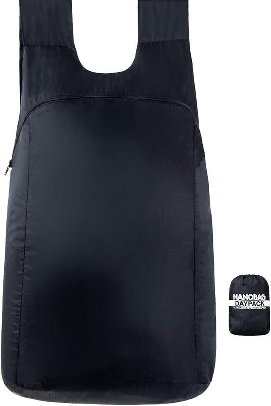 Nanobag Daypack - Ultralight 16L Foldable Travel & Hiking Backpack, Reusable, Packable, Collapsible Bag for Men & Women (Black)