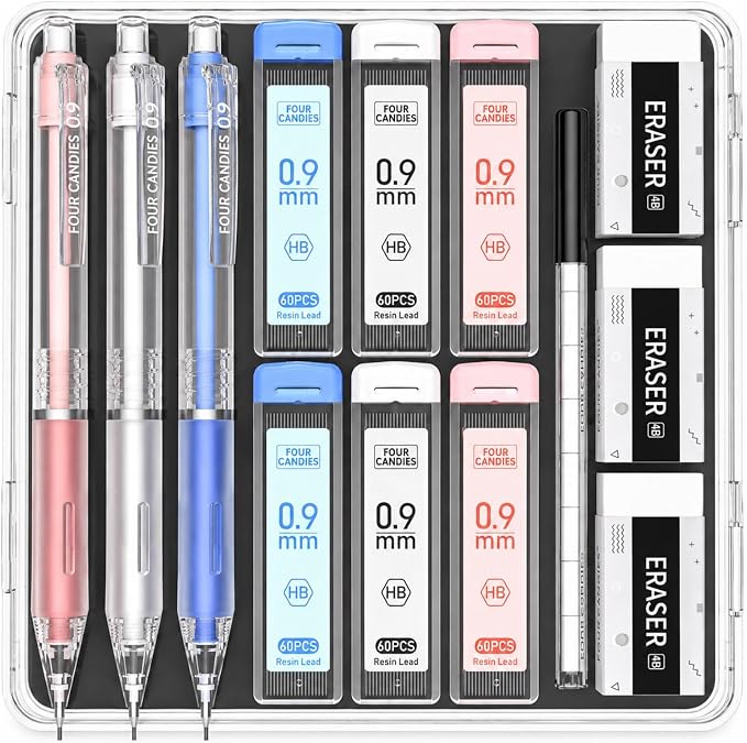 Four Candies Cute Mechanical Pencil Set, 3-Pack 0.9mm | 360 Lead Refills, 3 Erasers, 9 Eraser Refills, Non-Slip Rubber Grips, Aesthetic Design, for Bold Writing and Sketching