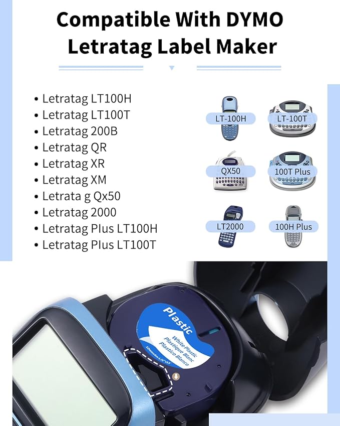4-Pack 91331 Compatible with DYMO LetraTag Refills White Plastic Label Tape 12mm x 4m (1/2" x 13') Replacement for DYMO Label Maker Refills Black on White for Letra Tag 200B LT 100H 100T Plus