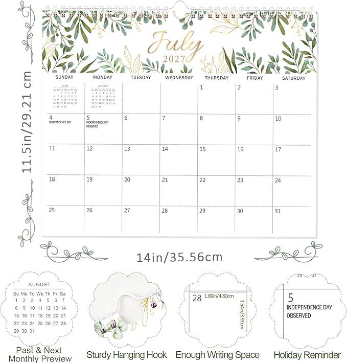 GuassLee Wall Calendar 2026, 19-Months Hanging Desk/Wall Calendar Runs From Jun. 2026 to Dec. 2027, 14" x 11.5" Monthly Planner Wall with Thick Paper, Plant Design for Office School Home Organizing