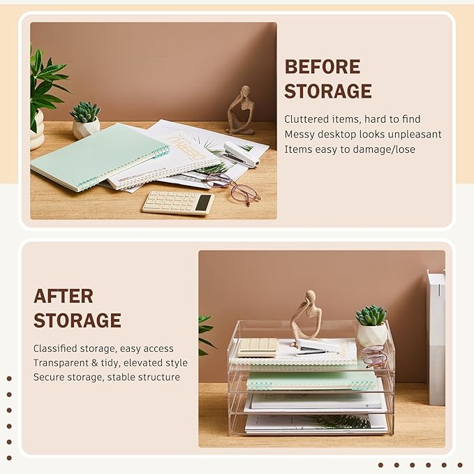 Harloon 4 Tier Acrylic Paper Tray Organizer, Heavy Duty Stackable Clear Organizer for A4/Letter Paper, Acrylic File Storage for Desk, Office Workspace, No Assembly Required, 13 x 10 x 1.7 Inches