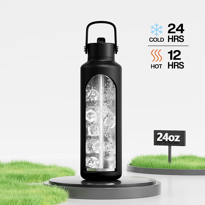 POWCAN 24 oz Slim Insulated Water Bottle with Straw: 2 Lids, Leakproof, Keep Cold 24H, Cupholder Friendly, Cleaning Brush, BPA-Free, Metal Water Bottle for Sport, Travel, School, Gym (Midnight)
