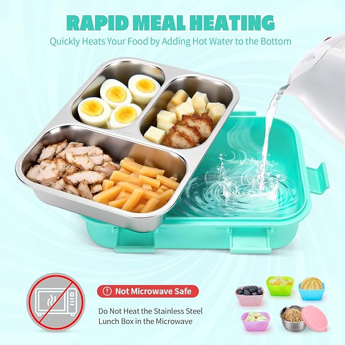 Kids Stainless Steel Bento Box, 3 Compartments Leakproof Lunch Box, Portable Food Storage Containers with Silicone Lids BPA-Free for Office, Picnics, Travel, Blue