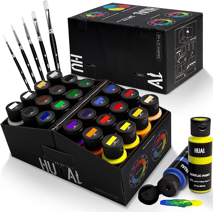 HUAL Acrylic Paint Set with 5 Brushes, 24 Colors (60ml, 2oz) for Artists Kids Beginners & Painters,Model/Canvas/Rock/Fabric/Glass/Stone/Ceramic/Wood Painting, Non Toxic