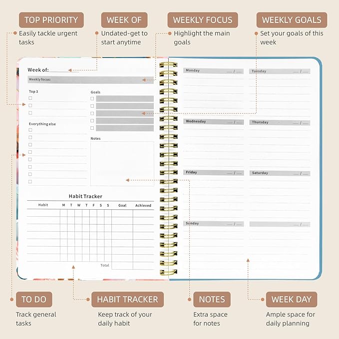 Weekly Planner Undated - 52 Weeks To Do List Notebook A5 for Work: Weekly Task, Habit Tracker Journal, Goal Setting, Agenda Sprial Bound Organizer Book for Women Cute Stylish Design, Peony