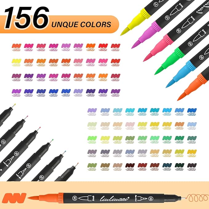 LIULIUCAI 156 Colors Dual Tip Markers Brush Pens, Fine & Brush Tip Art Marker for Adult Coloring Book No Bleeding, Colored Drawing Pen for Calligraphy Lettering Illustration Journal Doodling Gift