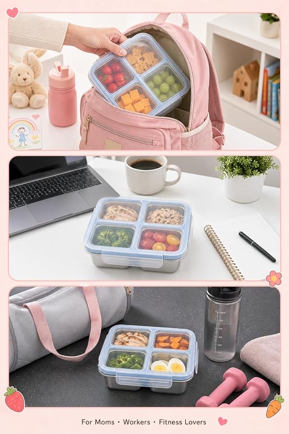 4 Pack Stainless Steel Snack Boxes, Leak-Proof, 4 Compartments, 24 Oz | Reusable, Easy Open, Food Storage & Meal Prep Containers, Dishwasher Safe, for Office, Travel, On-the-Go Snacking