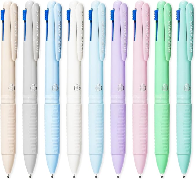 Four Candies Multicolor Pens, 4-in-1 Retractable Gel Ink Pens, 9 Count | Retractable Multi Color Pens Fast Dry, Smooth Writing for Planners and Journaling, Nurse Accessories for Work