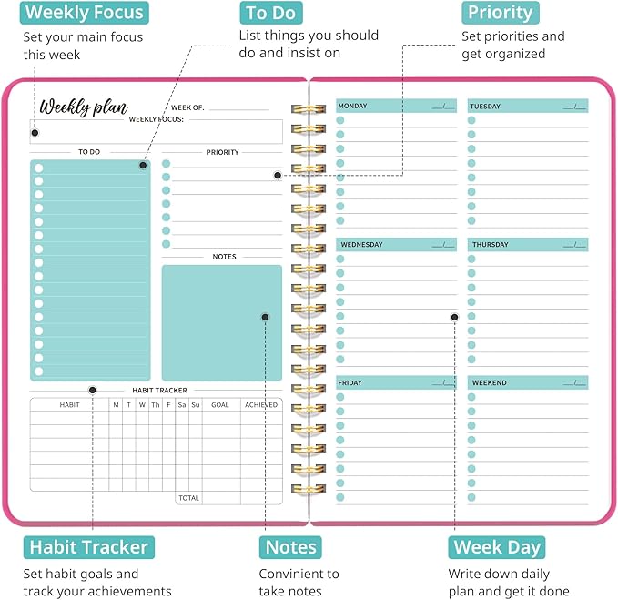 Taja Undated Weekly Planner, Weekly To Do List Notebook with Goal & Habit Tracker Organizer, A5 Weekly Planner Notebook with Spiral Binding, 6.1" x 8.2" - Berry Pink