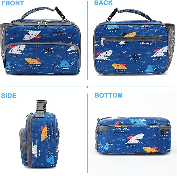 FlowFly Kids Lunch box Insulated Soft Bag Mini Cooler Back to School Thermal Meal Tote Kit for Girls, Boys, Colorful-Shark