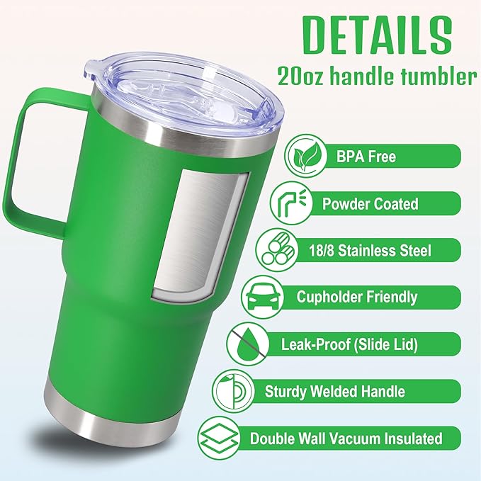 20 oz Tumbler with Handle and Lid, Stainless Steel Tumbler Insulated Travel Coffee Mug, Spill Proof Double Wall Vacuum Tumbler Cup Keep Drink Hot & Cold, Green, 12 Pack