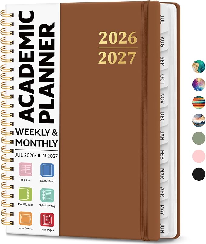 Academic Planner 2026-2027, Weekly and Monthly Calendar Planner Book, July 2026 – June 2027, Hardcover Organizer with Tabs, Perfect for Teachers, Students, Women & Men, A5 (6.4" x 8.5") - Brown