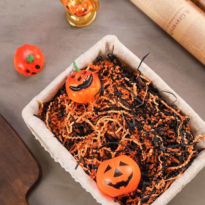 TANMWZK Crinkle Cut Paper Shred Filler 8 oz (1/2 lb) Gift Wrapping & Gift Basket Filler for Christmas,Halloween & Wedding Decorations,Easter Basket Grass Filler (Orange and Black)