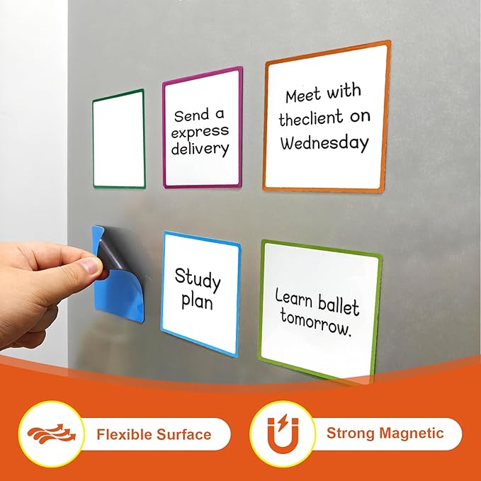18 Packs, 4" x 4" Dry Erase Reusable Magnetic Sticky Notes, Edge Color Magnets Labels, Widely Use to Post Notes for Whiteboard, Fridge, Locker, Cabinet, Door - Office & Classroom Supplies