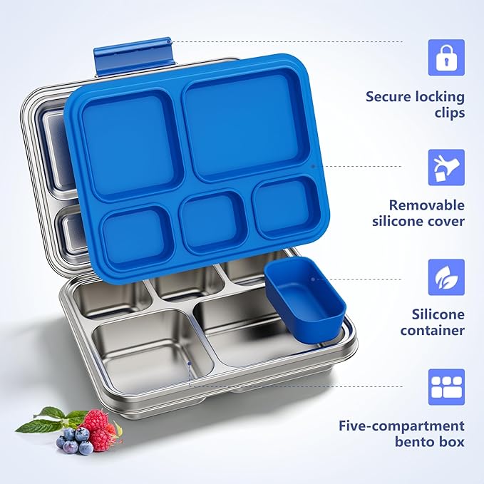 Pawtong Stainless Steel Lunch Box, 5-Compartment Bento Lunch Box for Kids & Adults,Metal Lunch Box with Removable Silicone Container, Lunch Box Containers for School,Office (Blue)