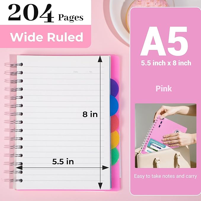 FLYING EAGLE 5 Subject Notebook Wide Ruled Spiral Notebook 5x7, A5 Small Notebook with Remoable Dividers, Hardcover Notebooks for Work, 204 Pages Lined Journal for Women, Pink