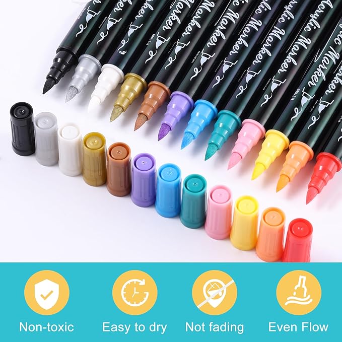 TOSHARE 12 Colors Acrylic Paint Markers, Brush & Fine Dual Tip Acrylic Paint Pens for Rock, Wood, Paper, Fabric, Canvas, Glass, Ceramic, Egg, Scrapbook and DIY Crafts Supplies Art Gifts