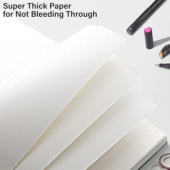 Notebook Journal, Dotted Journal, 8.5" x 11", 400 Pages Dot Grid Notebook, No Bleed Thick Paper, Leather Journal for Bullet Journaling, Work, School, Notes, 125pcs Sticky Tabs, Inner Pocket, Black