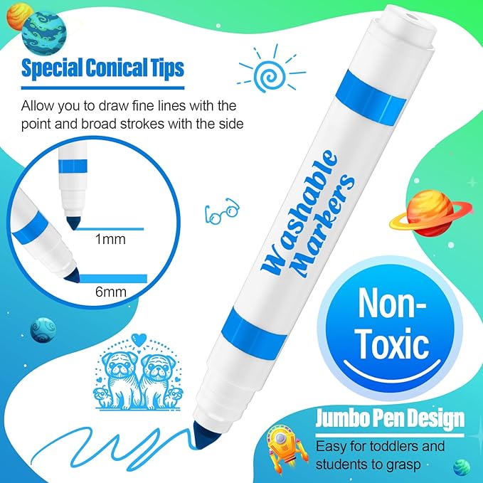 24 Pcs Washable Markers Bulk Broad Line Markers Coloring Conical Tip Large pens for Kids art projects, Teachers, Students, Toddlers, Party Favors, Classrooms, Donations(Sky Blue)