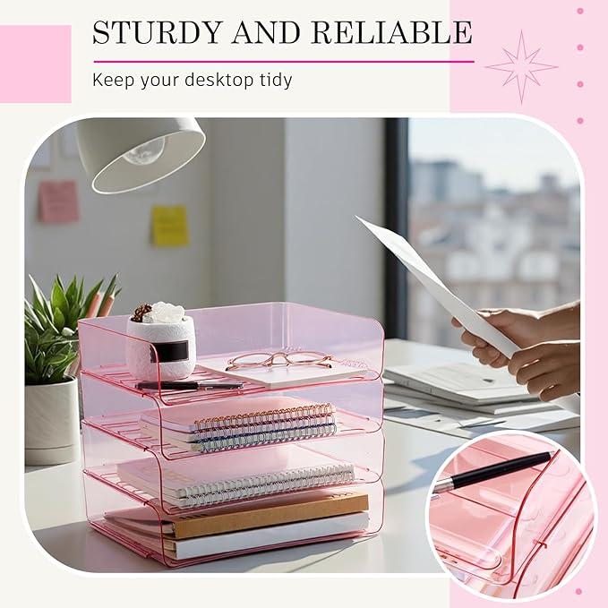 Harloon 4 Tier Pink Acrylic Paper Organizer 13 x 9.8 x 3 Inches Letter Tray Desk File Organizer Stackable Documents Clear Letter Paper Holder Office Tray for A4, Office Home File Desktop Storage