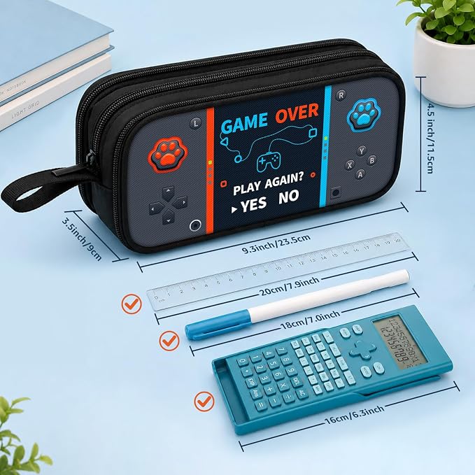Game Controller Pencil Case for Boys Kids Teens, Large Capacity Pencil Pouch with 3 Compartments, 7 Pockets and Label Pocket for School College Office Travel (Gray)