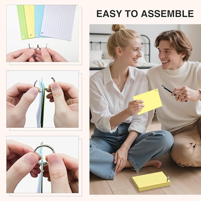 Colored Index Cards 4 x 6 Inch, 160 Count Lined Flash Cards with Ring for Back to School, Ruled and Blank Note Cards for Office Supply, Portable Colorful Study Flashcards for Home and School