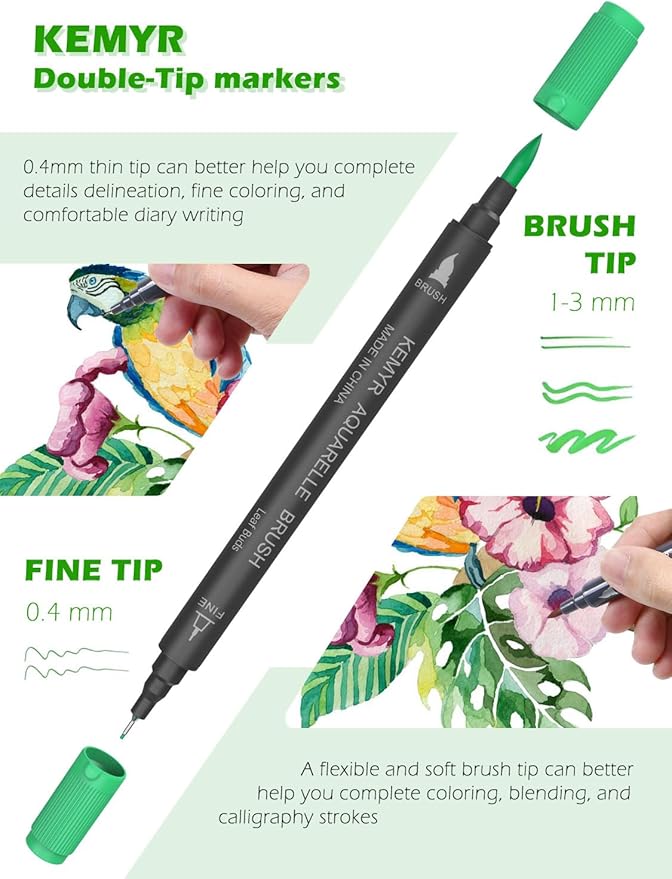 KEMYR Markers for Adult Coloring Books: 120 Color Dual Tip Fine & Brush Pens Water-Based Coloring Marker for Adults Drawing Sketching Bullet Journal Writing Lettering No bleeding