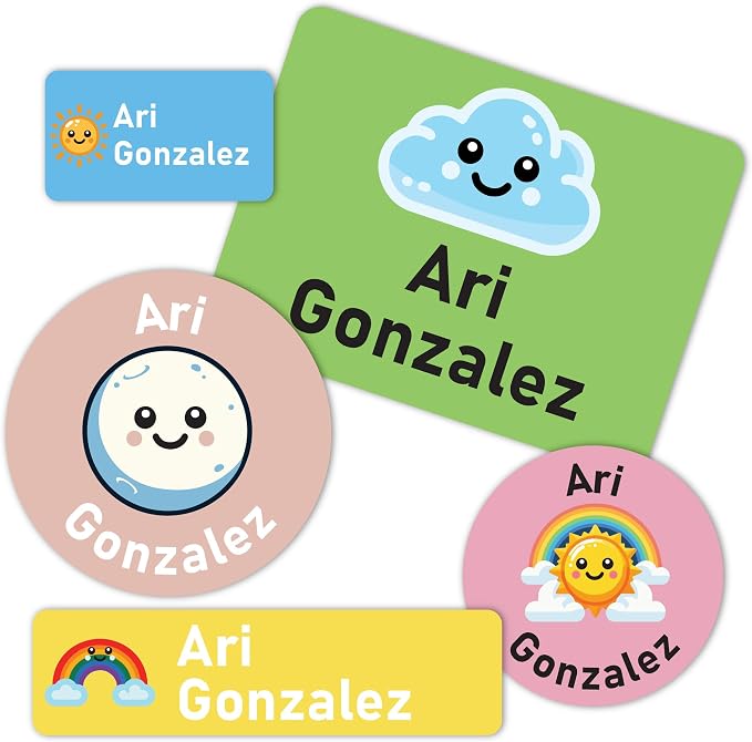 Personalized Daycare Stickers Name Labels for Kids - Custom Waterproof Name Stickers for Water Bottles, Lunch Boxes School Supplies, Clothing Tags, 30+ Designs, Fun Sky