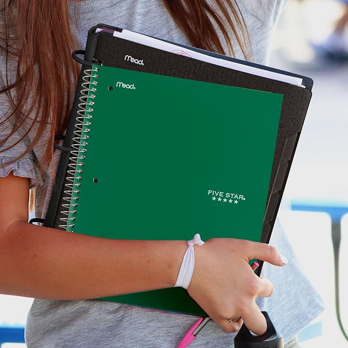 Five Star Spiral Notebook 3 Subject Wide Ruled | Forest Green | 150 Sheets | Water Resistant Cover | Pack of 6