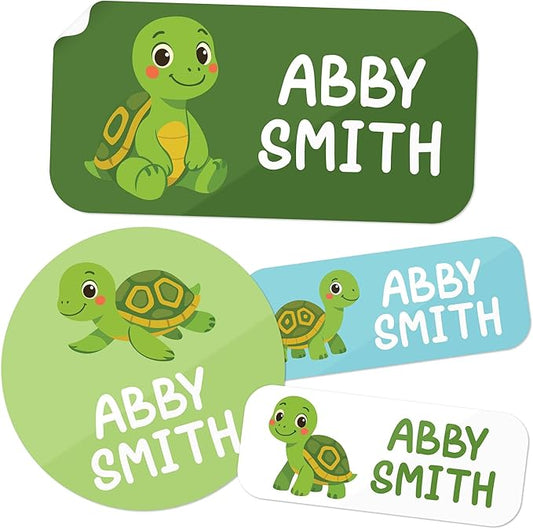 Personalized Daycare Name Labels for Kids, (130 Pack) Waterproof Custom Name Stickers for Clothing Tags, Lunch Boxes and School Supplies, Made in USA by MSC -Turtles