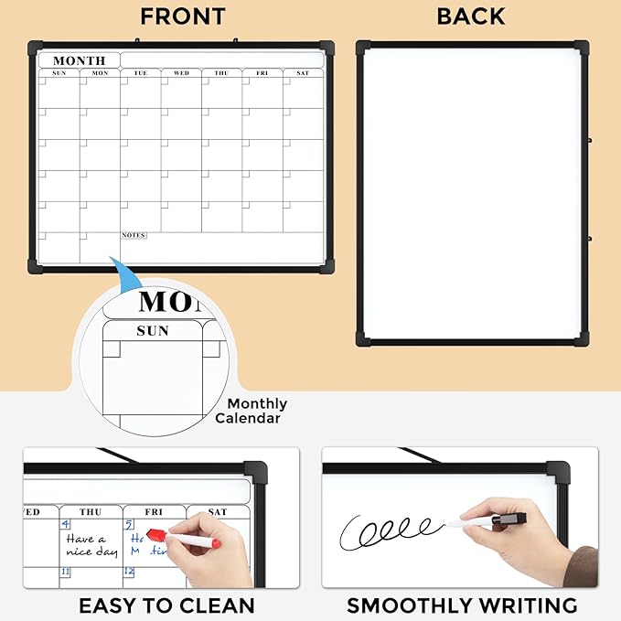 MaxGear Monthly Calendar Dry Erase Board for Wall, 16"x12" Small Hanging Double-Sided White Board, Portable Whiteboard for Planning, Drawing, Memo, to Do List, School, Home, Office, Black Frame