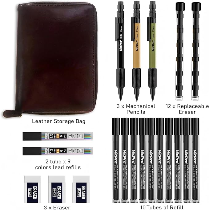Nicpro 21PCS 1.3 mm Mechanical Pencil Set in Leather Bag with 138 Leads | 3 Erasers, Eraser Refills Weatherproof Metal Barrel, Heavy Duty Carpenter Pencil for Outdoor Marking Drawing Woodworkin