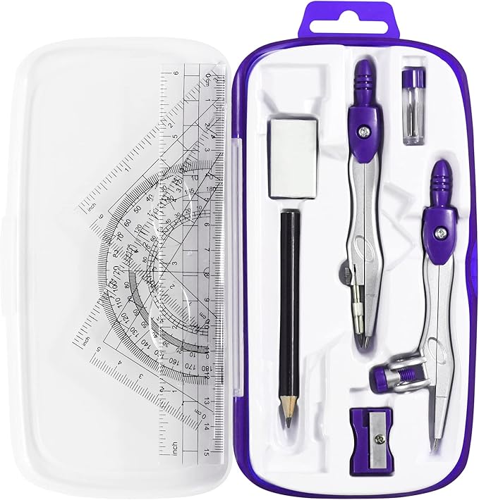 Unjoo Math Geometry Kit Sets 10 Piece Student Supplies with Shatterproof Storage Box,Includes Rulers,Protractor,Compass,Eraser,Pencil Sharpener,Lead Refills,Pencil,for Drafting and Drawings（Purple）