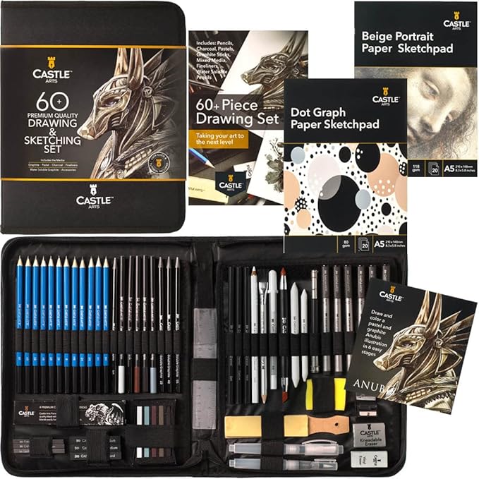 Castle Art Supplies 60 Piece Drawing & Sketching Set | Quality Graphite, Charcoal, Pastel, Water Soluble Pencils + Sticks, Fineliners | for Professional and Adult Artists | in Carry-Anywhere Zip Case
