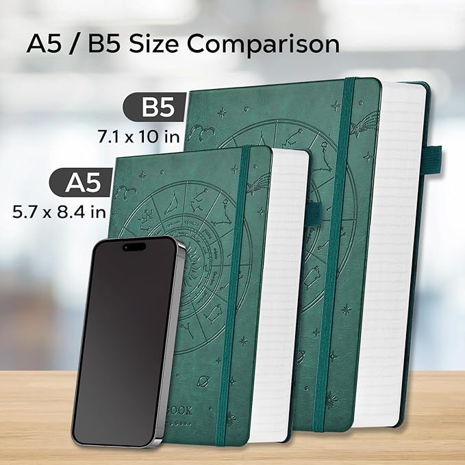 FOCUS DAY Hardcover Notebook Journal, B5 Lined Daily Journal College Ruled Notebook for Women Men, 320 Pages Large Writing Journal Notebook for School Work, Dark Green Leather Notebook, 7.1'' X 10''