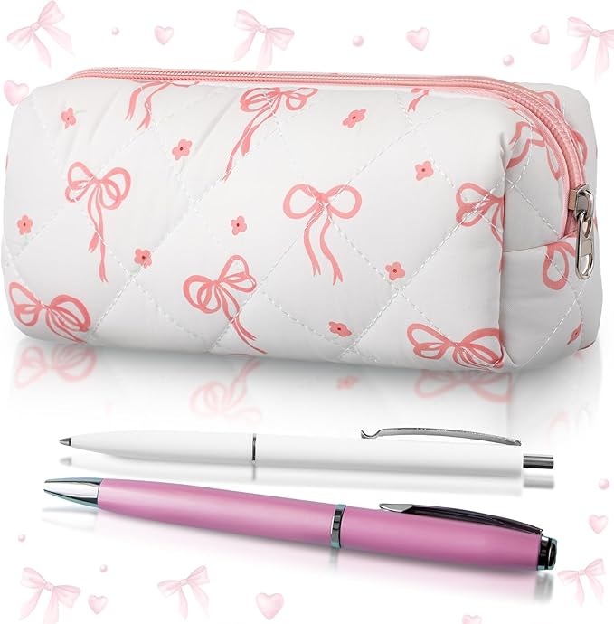 Sherr Coquette Bow Pencil Case Pink Bow Cute Pencil Pouch Soft Cotton Storage Bag Aesthetic Pattern Gift Makeup Pouch Cosmetic Bag for Women Adults