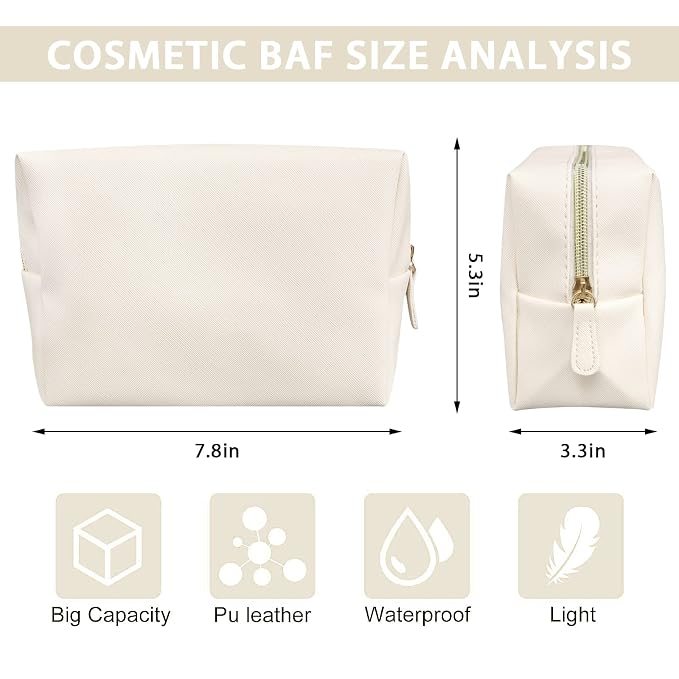 GFU Makeup Bag, Travel Cosmetic Bag for Women, Large Capacity Travel Toiletry Bag Waterproof PU Leather, Multifunctional Cosmetic Pouch for Girls, Women and Moms Gifts, Beige White