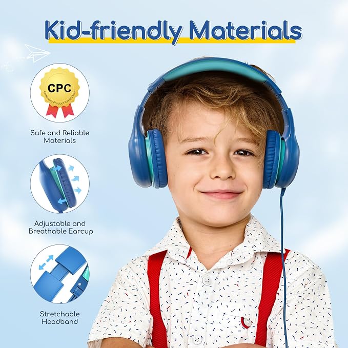 EarFun Kids Headphones Wired with Microphone, USB Type C Headphones for Kids, 85/94dB Volume Limit, Portable Wired Headphone with Shareport, Stereo Sound Foldable Headset for School/Tablet/PC, Blue