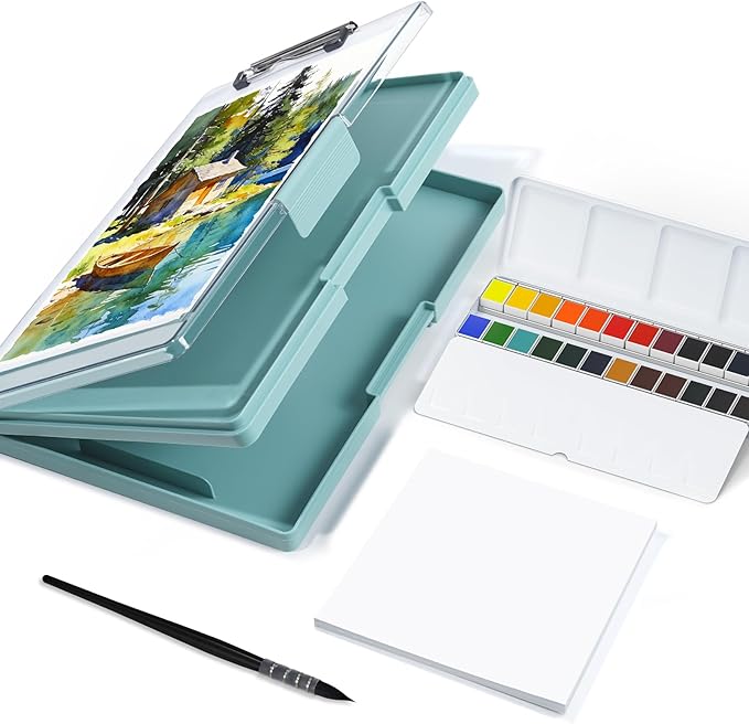 Travel Watercolor Paint Set, Watercolor Set Includes 24 Colors Solid Watercolors + 7.5x7.5 inch 100% Cotton Watercolor Paper(20 Sheets) + 1 Watercolor Brush + Green Double Layer Organizer