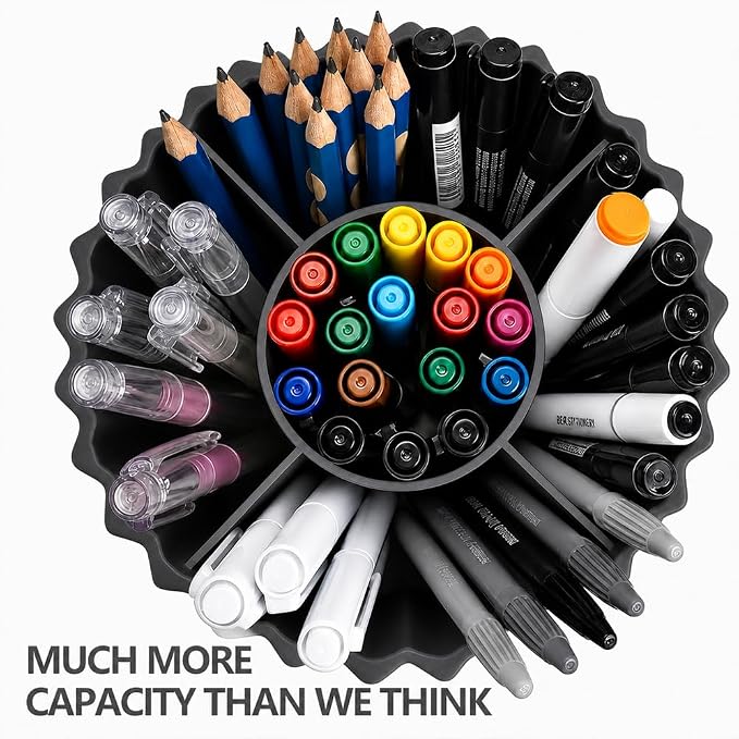 Lebenrich Aesthetic Black Pen Holder for Desk, Rotating Plastic Desk Pencil Holder Organizer for Home School Office