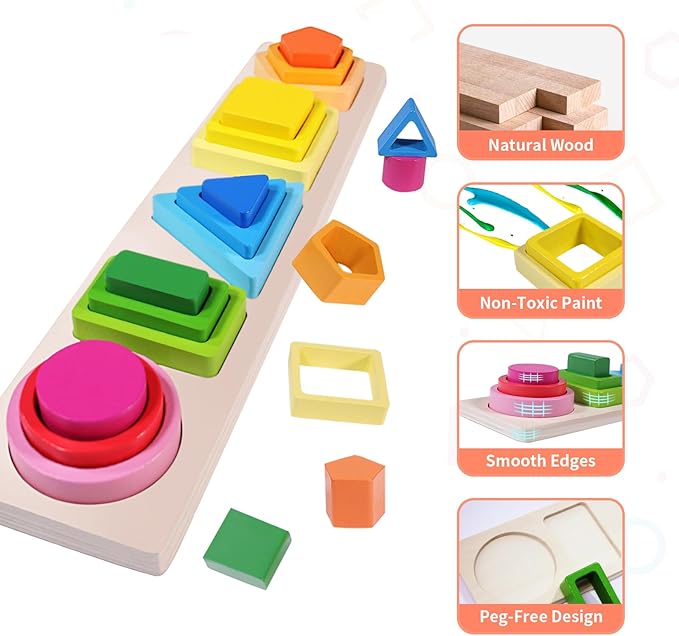 YHHYTOY Montessori Toys for 1+ Year Old, Wooden Baby Stacking Shape Color Sorting Toys for Toddlers 1-3, Preschool Learning Activities Toddler Games, 1 2 3 Year Old Girls Boys Birthday Gifts